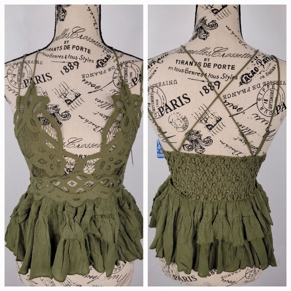 NEW Free People Adella Cami Crochet Lace Top V Neck Olive Sparrow Green - Picture 12 of 12